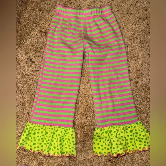 Vintage Miss Tee-V-Us Ruffle Pants Girls 5/6 Pink Green Stripe Polka Dot - Picture 1 of 4